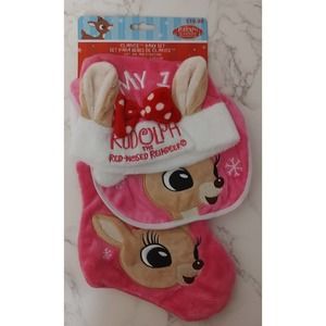 Babys First Christmas Pink Rudolph Clarice Reindeer Bib Hat Stocking Set Soft B6